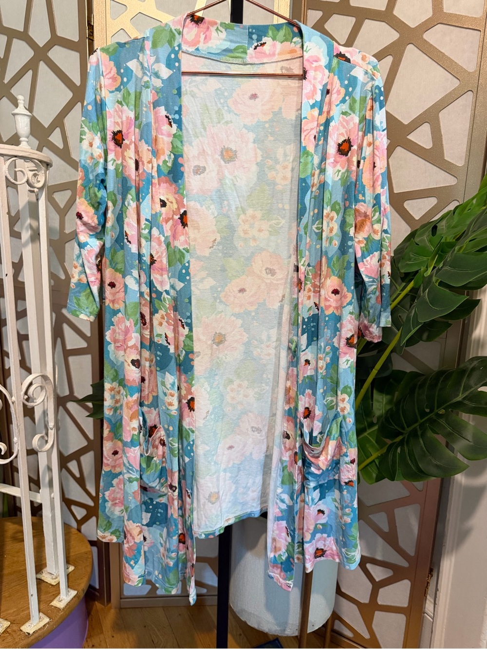 Posh Peanut Blue Floral Open Front Duster Cardigan